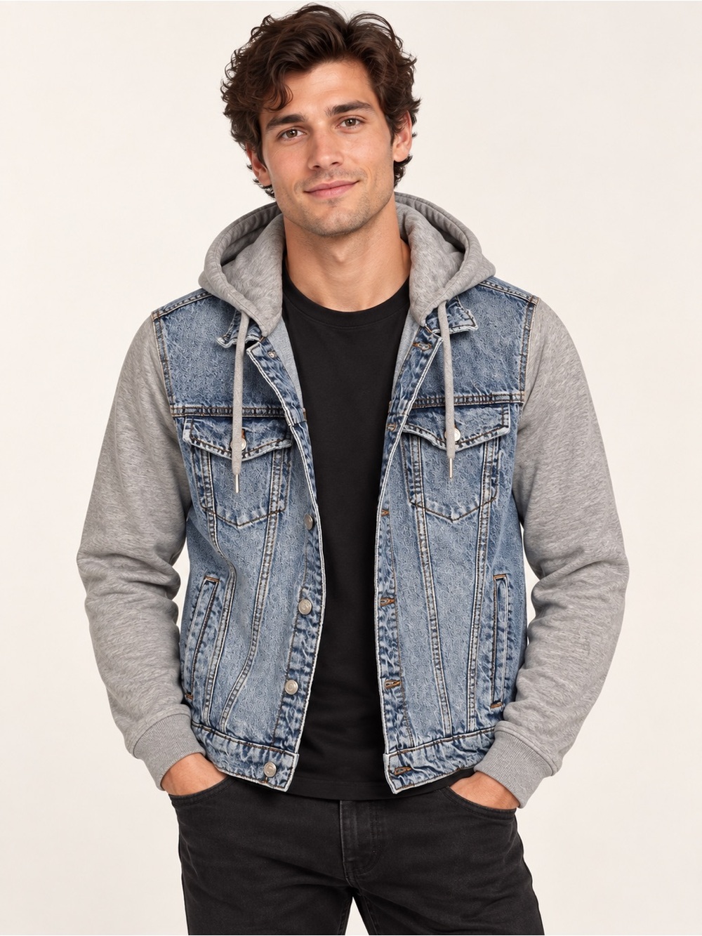 H&M Men’s Small Hooded Denim Jacket Gray Sweatshirt Sleeves